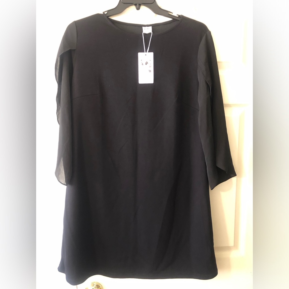 Black Women's Shift Dress with Sheer Sleeves